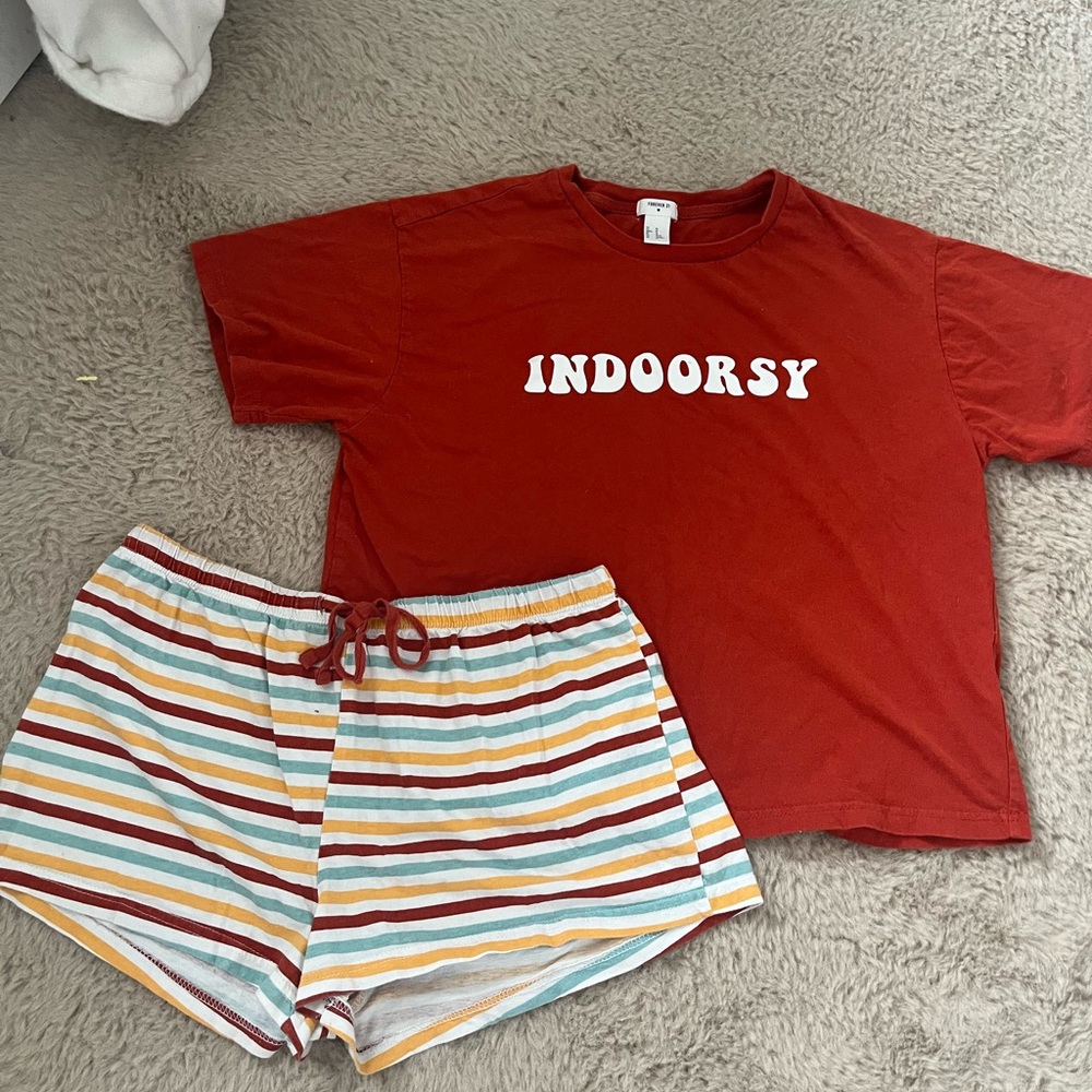 Red “Indoorsy” Tee & Striped Shorts Pajama Set – Comfy & Cute Loungewear